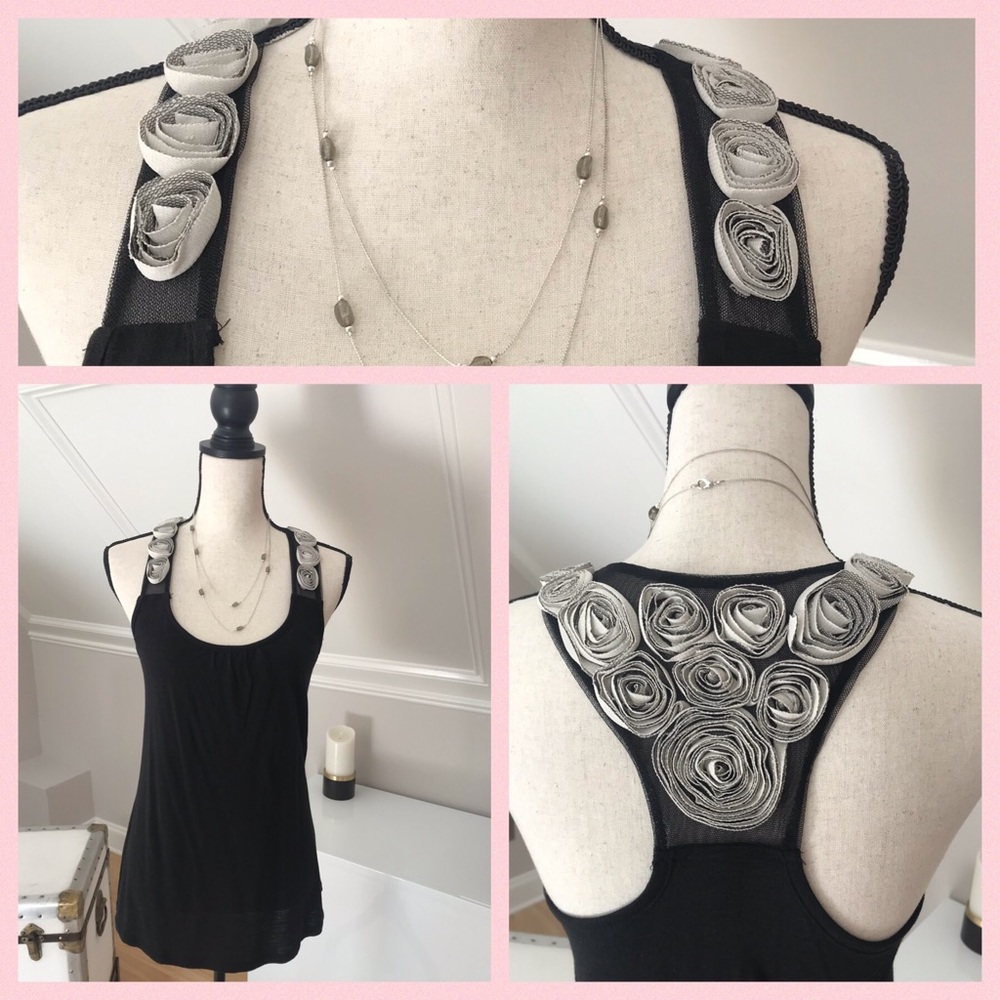 Black flower embellished Top. Size S. NWT